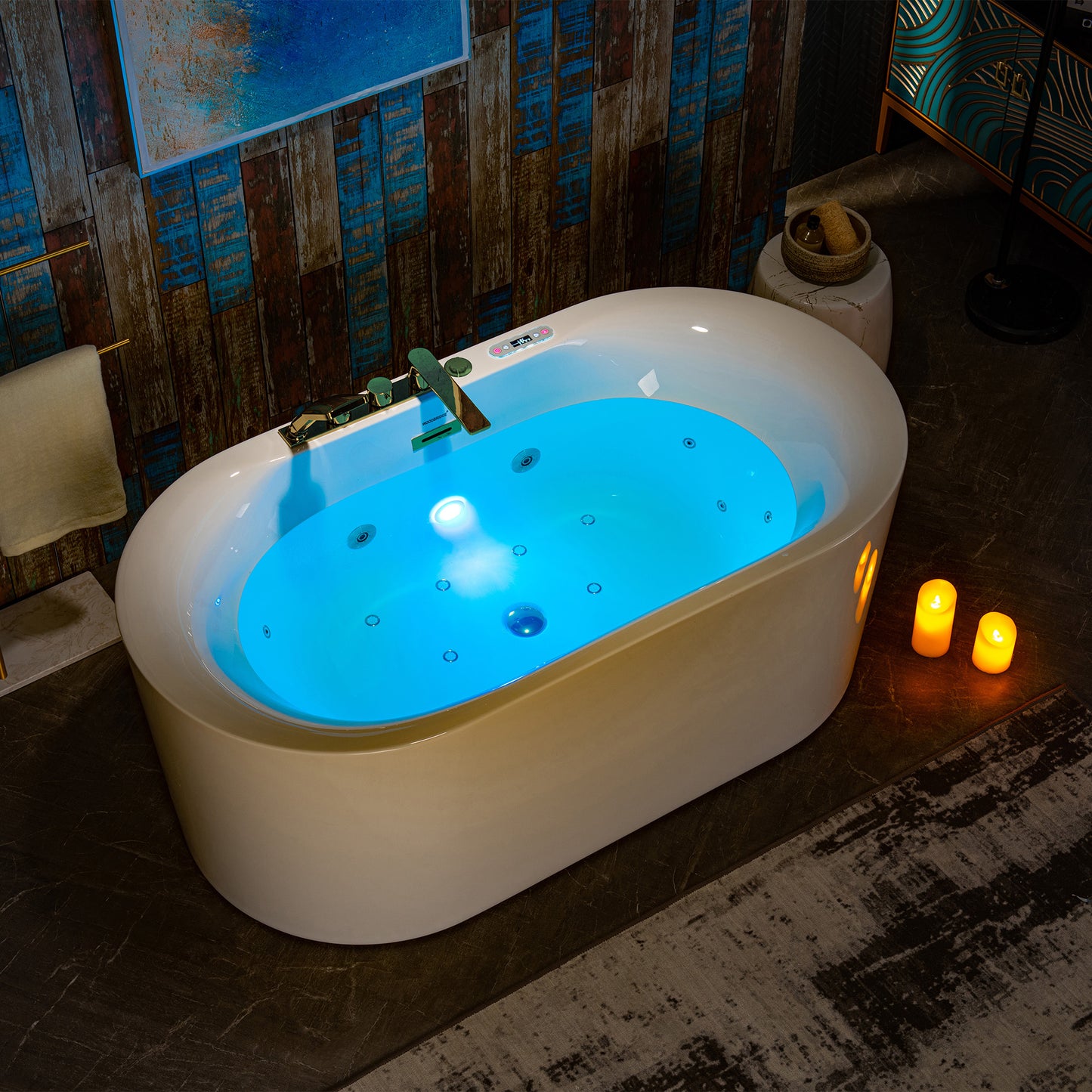 WOODBRIDGE BG100+F0045BG | 59" x 31-1/2" Whirlpool and Air Bath Heated Soaking Combo Tub with Brushed Gold Faucet
