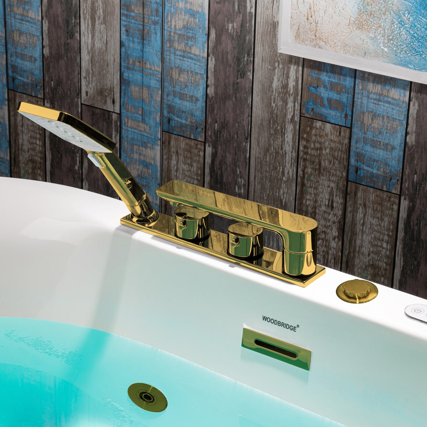WOODBRIDGE BG100+F0045BG | 59" x 31-1/2" Whirlpool and Air Bath Heated Soaking Combo Tub with Brushed Gold Faucet