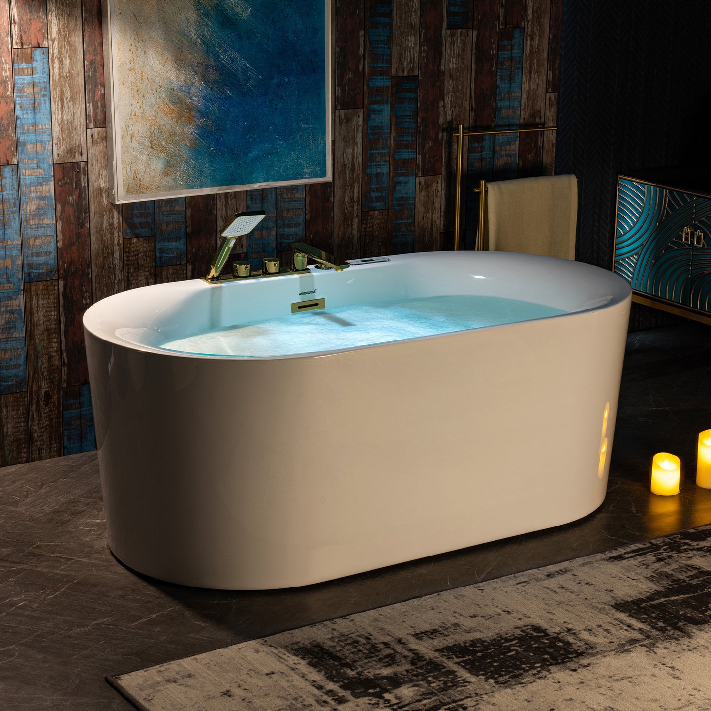WOODBRIDGE BG100+F0045BG | 59" x 31-1/2" Whirlpool and Air Bath Heated Soaking Combo Tub with Brushed Gold Faucet