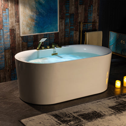 WOODBRIDGE BG100+F0045BG | 59" x 31-1/2" Whirlpool and Air Bath Heated Soaking Combo Tub with Brushed Gold Faucet