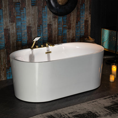 WOODBRIDGE BG100+F0045BG | 59" x 31-1/2" Whirlpool and Air Bath Heated Soaking Combo Tub with Brushed Gold Faucet
