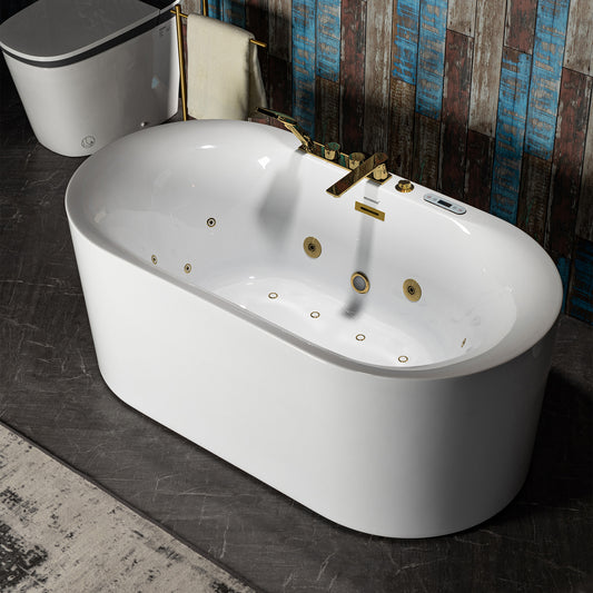 WOODBRIDGE BG100+F0045BG | 59" x 31-1/2" Whirlpool and Air Bath Heated Soaking Combo Tub with Brushed Gold Faucet