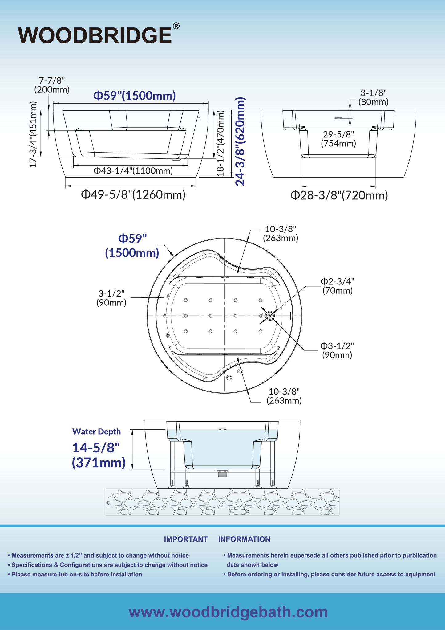 Woodbridge BJ061 59" Circular Heated Freestanding Spa bathtub with Integrated Seats