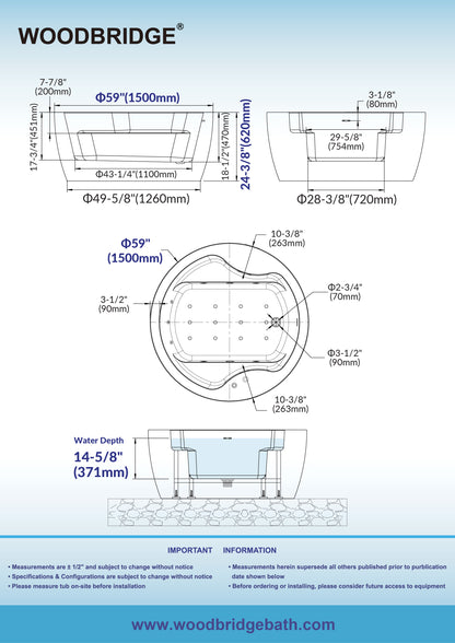 Woodbridge BJ061 59" Circular Heated Freestanding Spa bathtub with Integrated Seats
