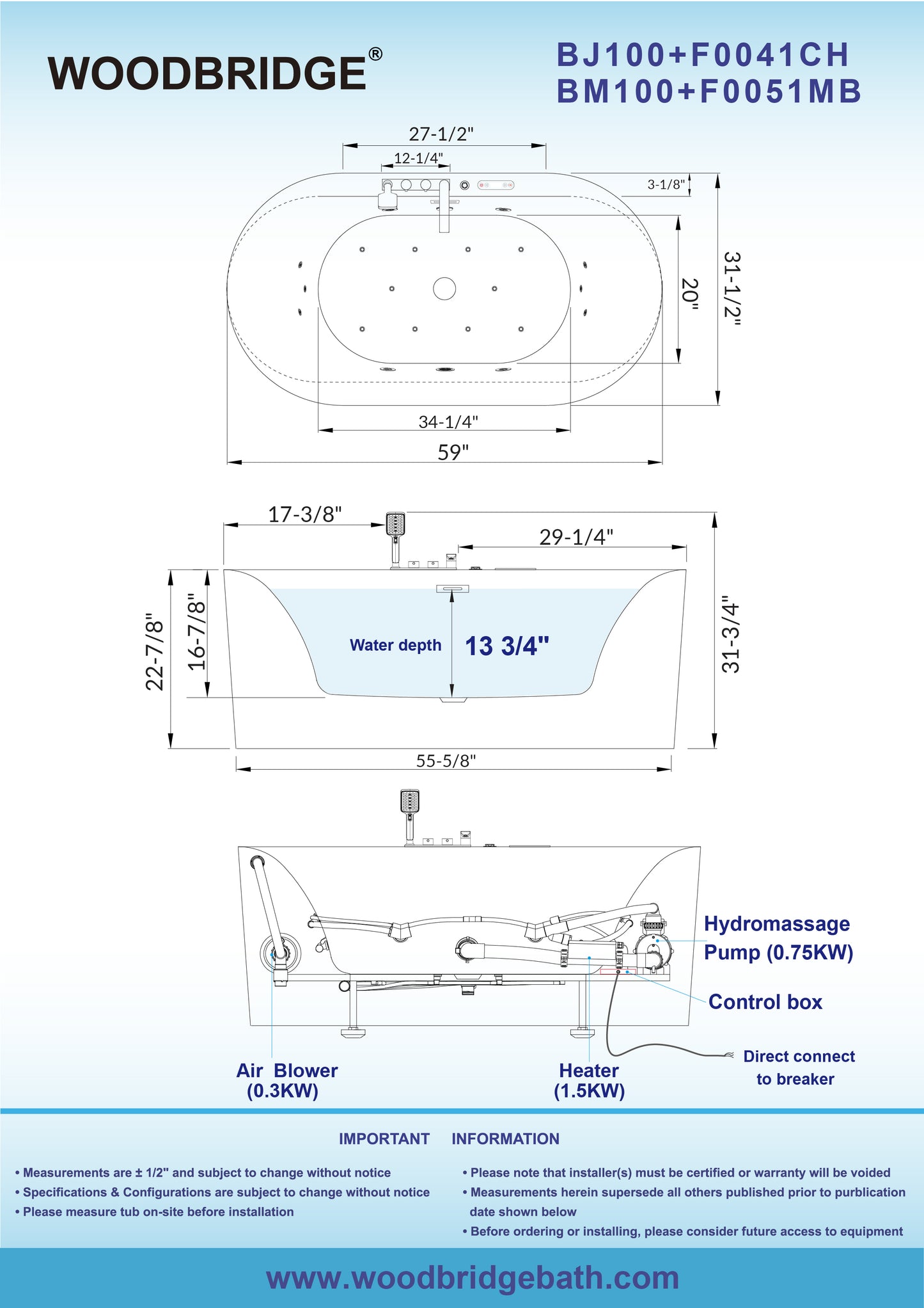 WOODBRIDGE BM100+F0051MB | 59" Whirlpool and Air Heated Bathtub with Matte Black Faucet Trim