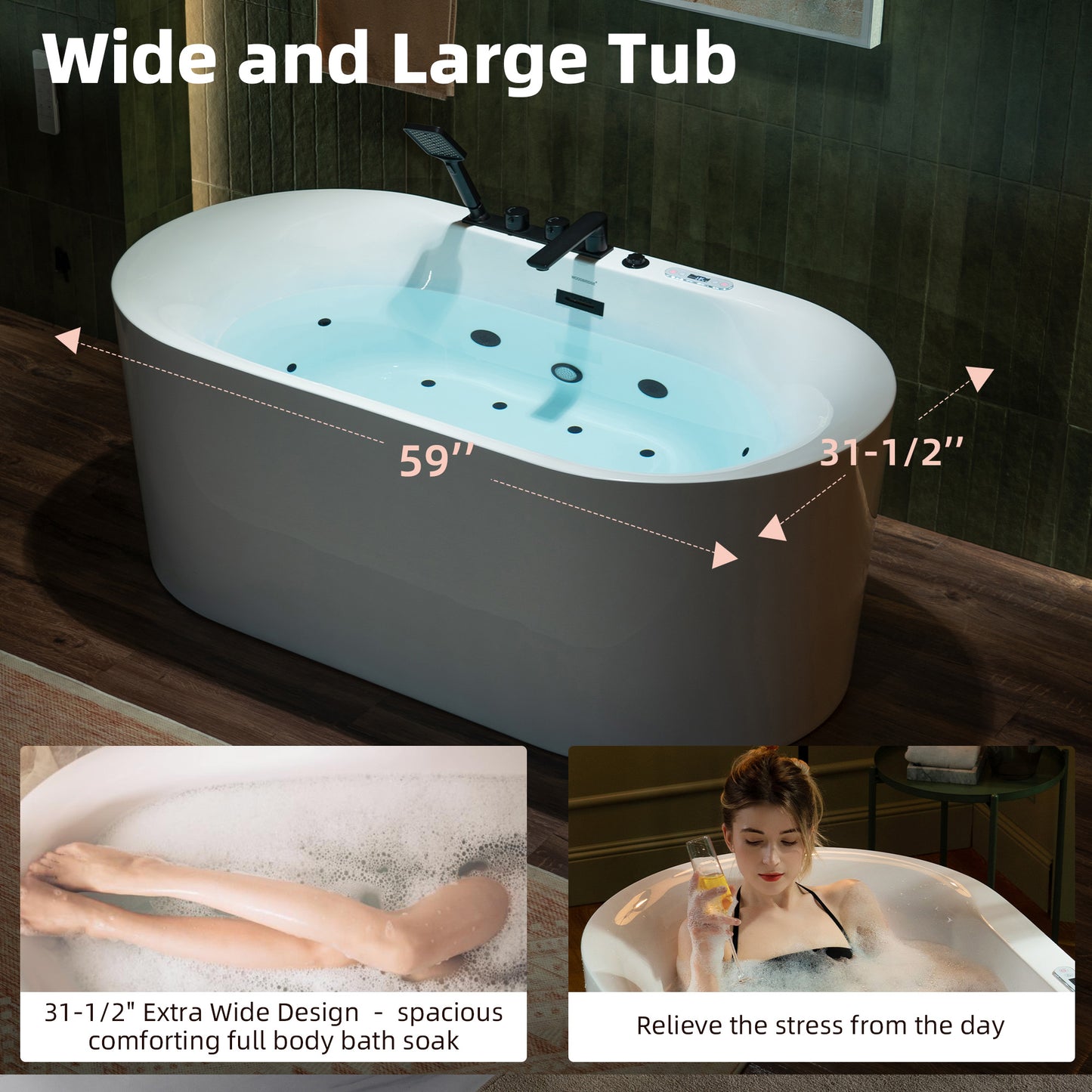 WOODBRIDGE BM100+F0051MB | 59" Whirlpool and Air Heated Bathtub with Matte Black Faucet Trim