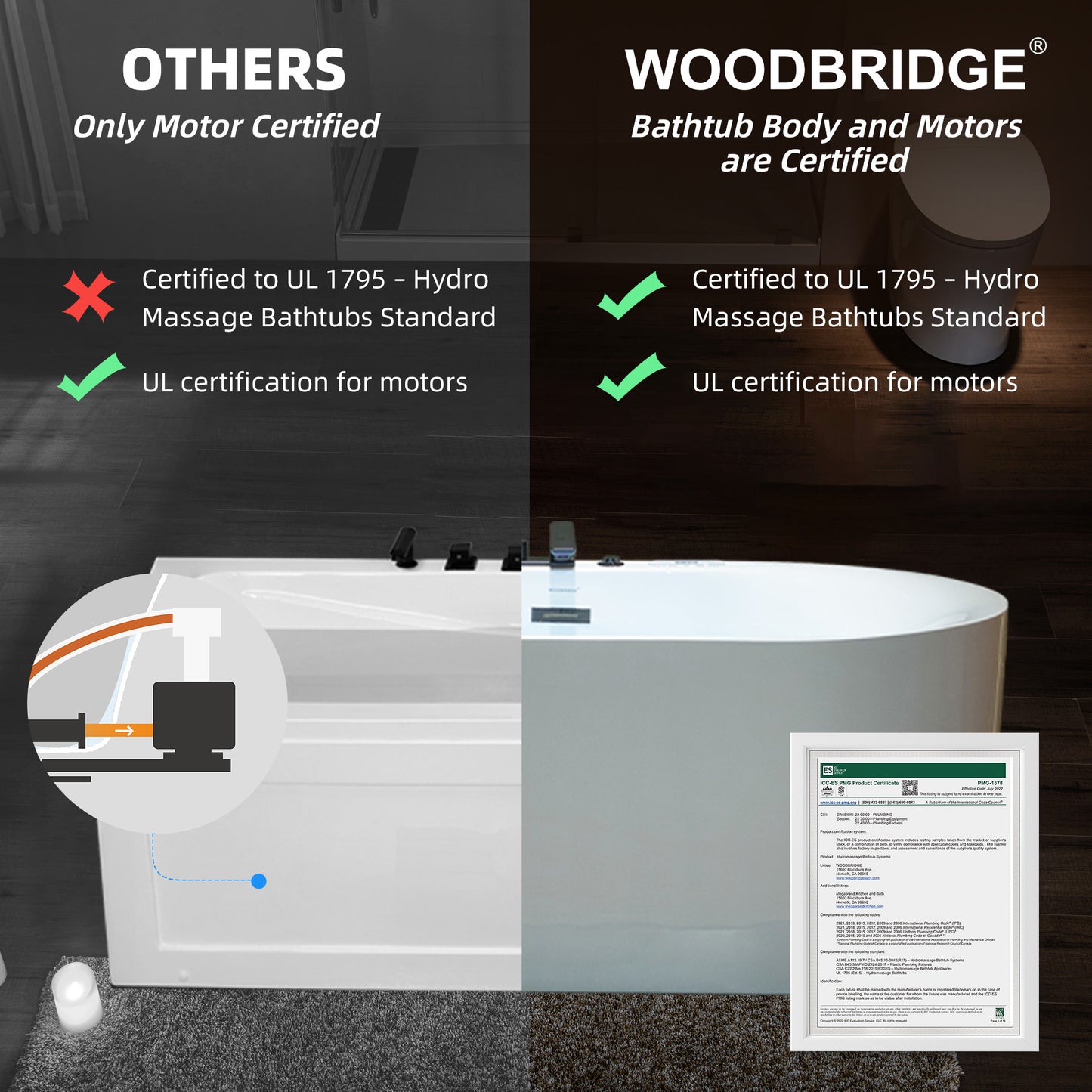 WOODBRIDGE BM100+F0051MB | 59" Whirlpool and Air Heated Bathtub with Matte Black Faucet Trim